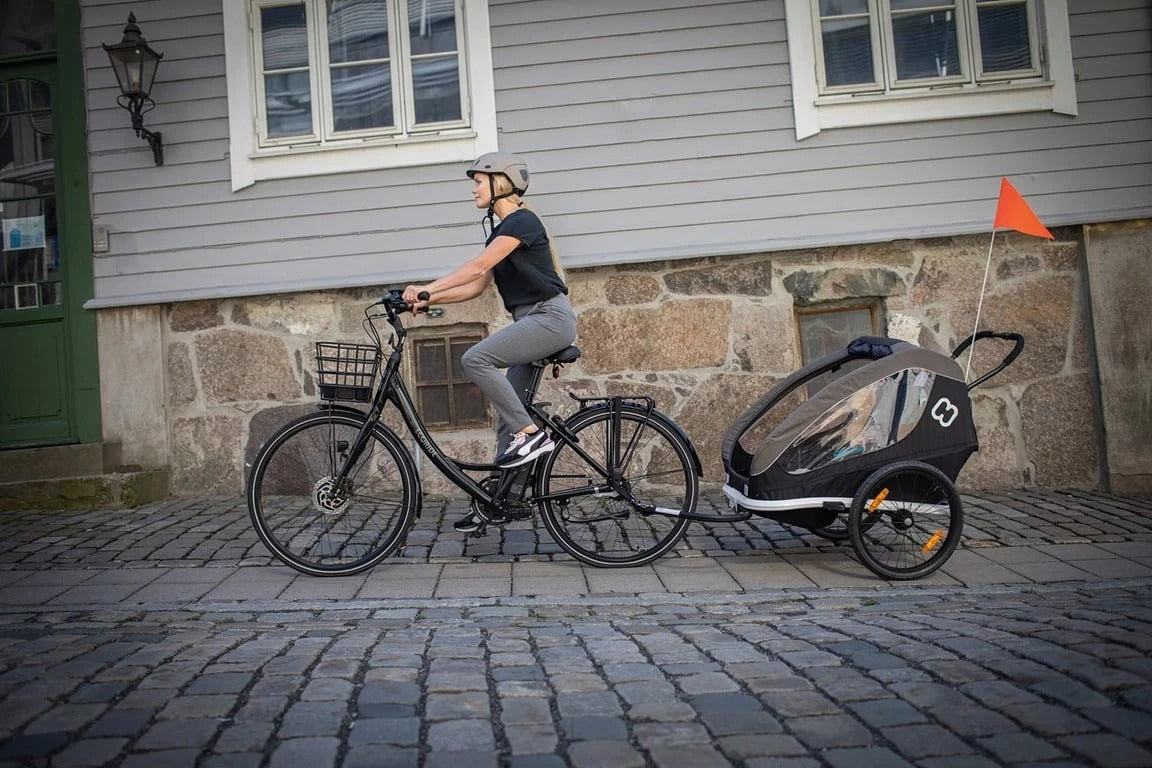 A lady riding a bike and towing a kid in a bike trailer with an urban background