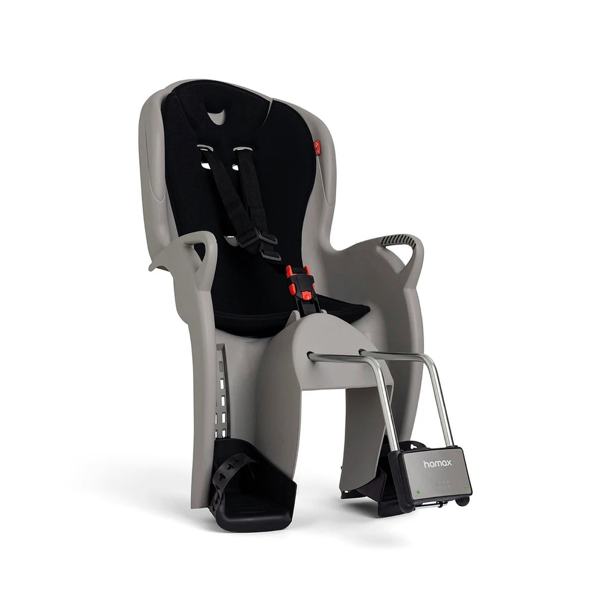 A grey and black baby seat for bicycles on a white background
