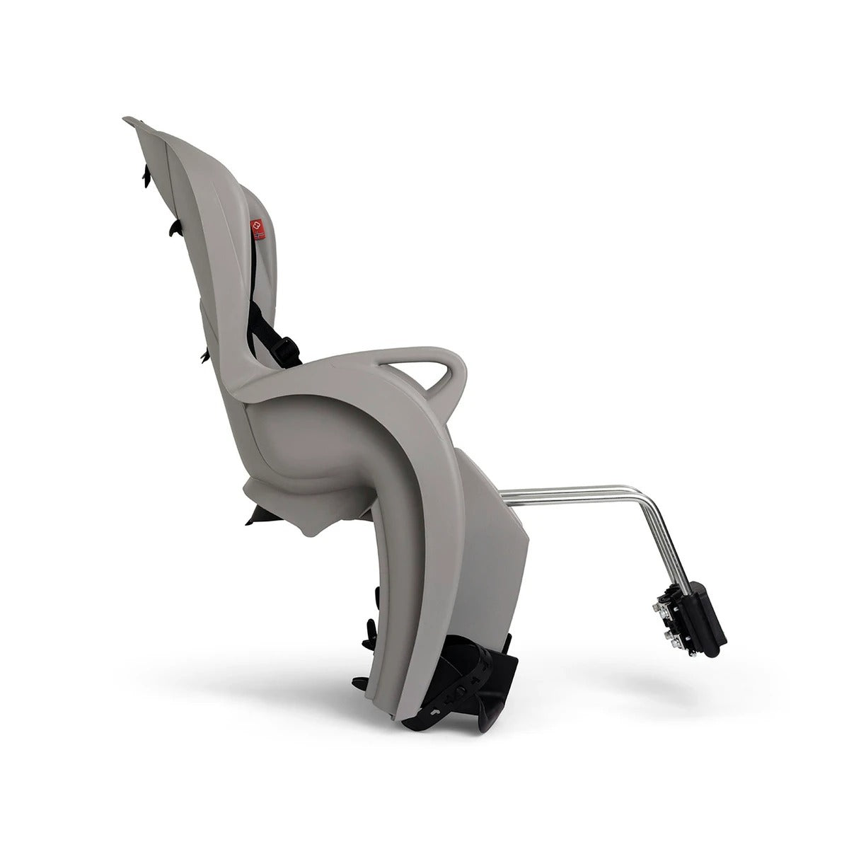 A side view of a grey bicycle baby seat on a white background