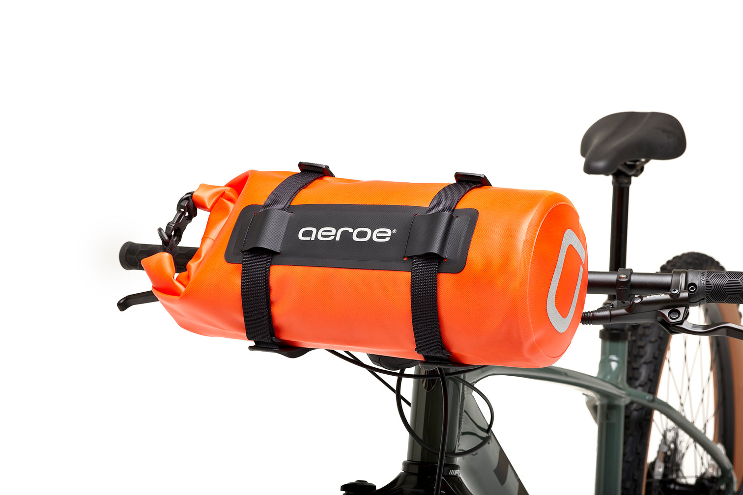 A picture of the Aeroe 8 Litre Dry Bicycle Bag strapped to the handlebar of a bike