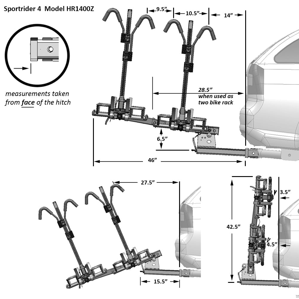 A picture of the dimensions of the Hollywood Sport Rider Bike Rack