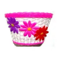 Woven plastic kids bicycle basket with colorful flower decorations on a white background
