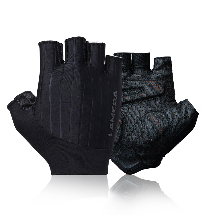 Black cycling gloves with 'Lameda' branding on a white background