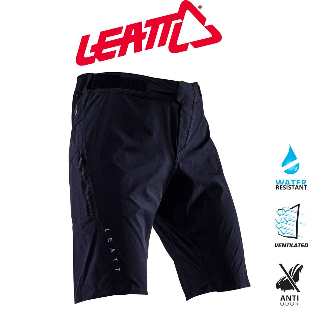 Black Leatt cycling shorts shown on a white background with the red Leatt logo at the top and feature icons on the right indicating water resistant, ventilated, and anti odor.