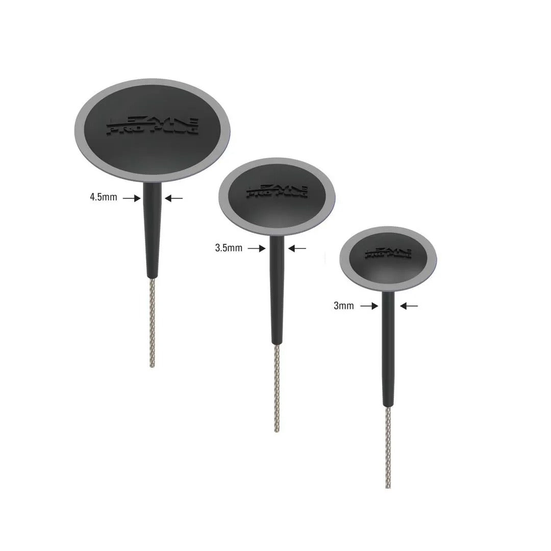 3 Bicycle tubeless plugs with the dimension of each plug on a white background