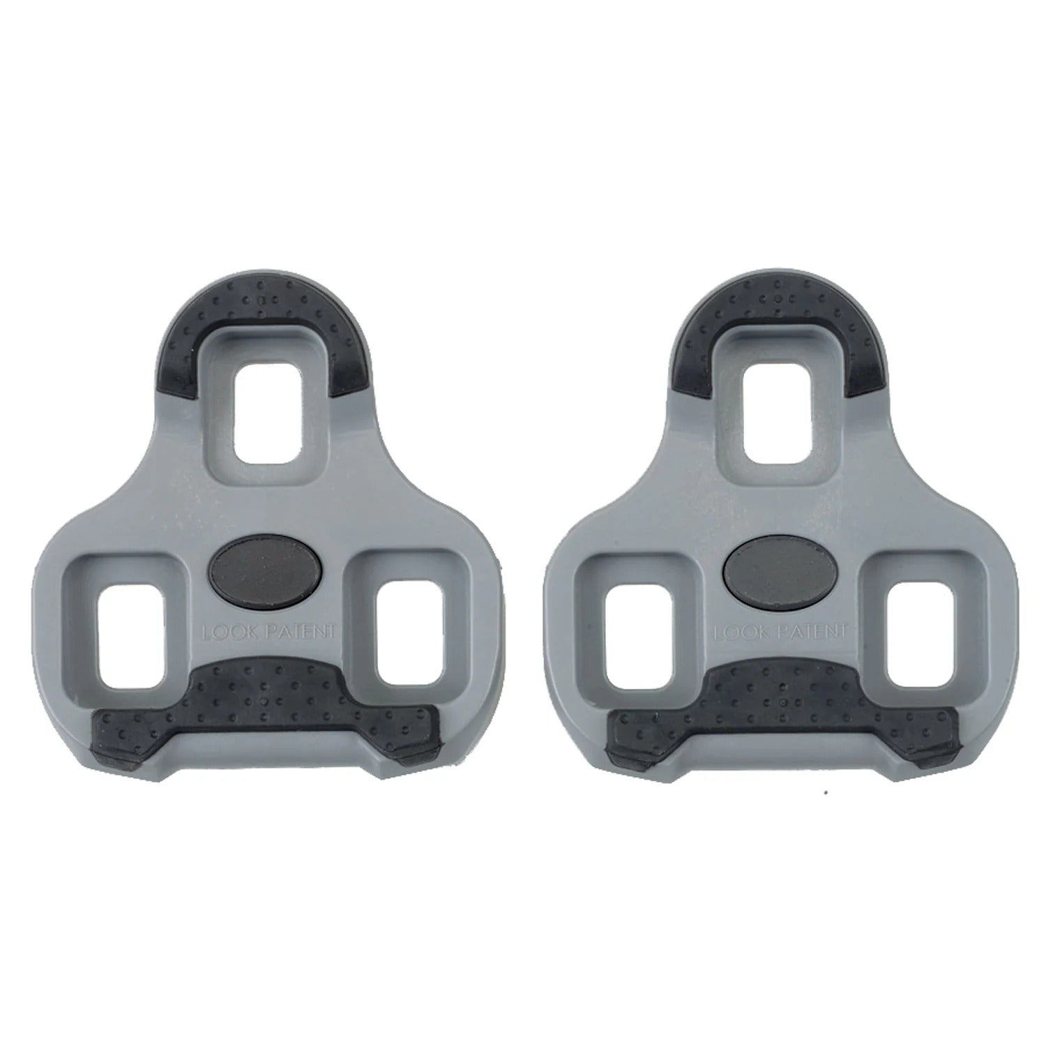 Two gray and black cycling cleats on a white background