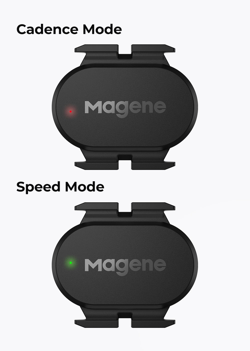 Two black Magene devices labeled 'Cadence Mode' and 'Speed Mode' on a white background.