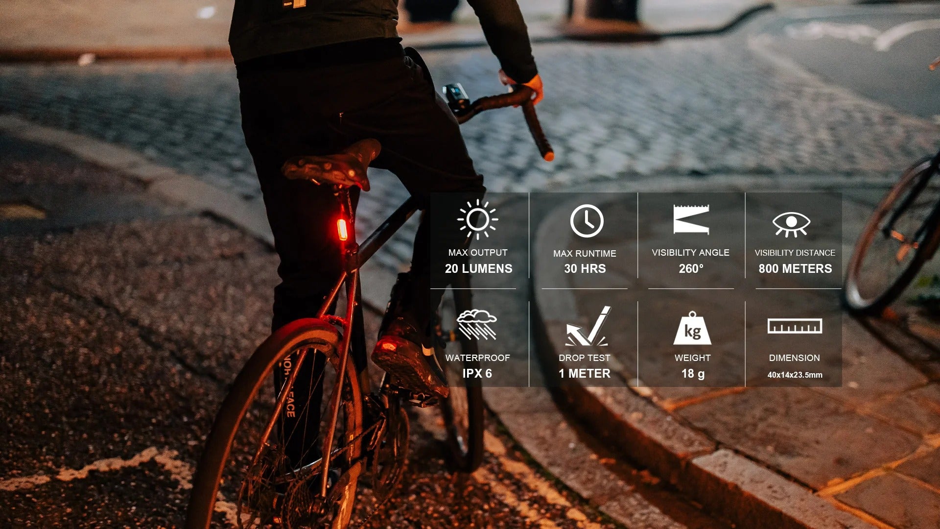 Person riding a bicycle with a rear tail light on the seatpost at night with bike light features displayed on screen