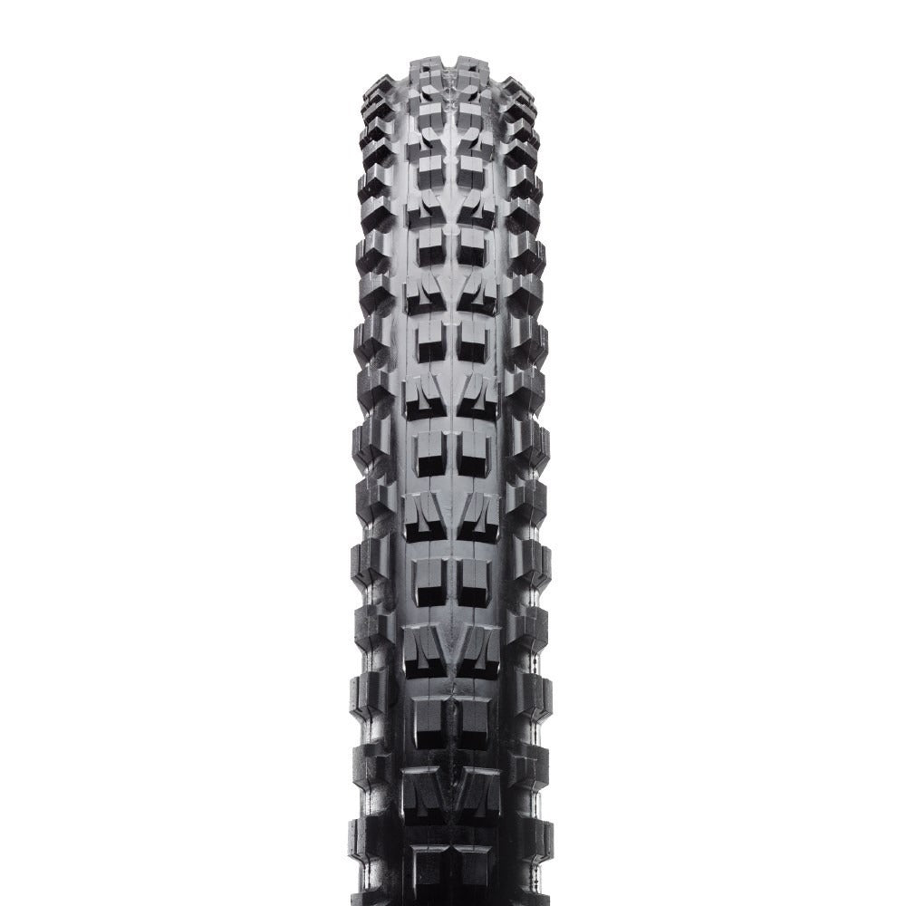 Black mountain bike tyre with tread pattern on a white background
