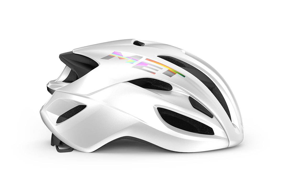 A side picture of the white Met Rivale II MIPS Road Helmet