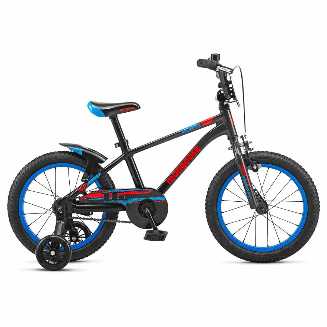 Kids black, red and blue Mongoose bike with training wheels against a white background