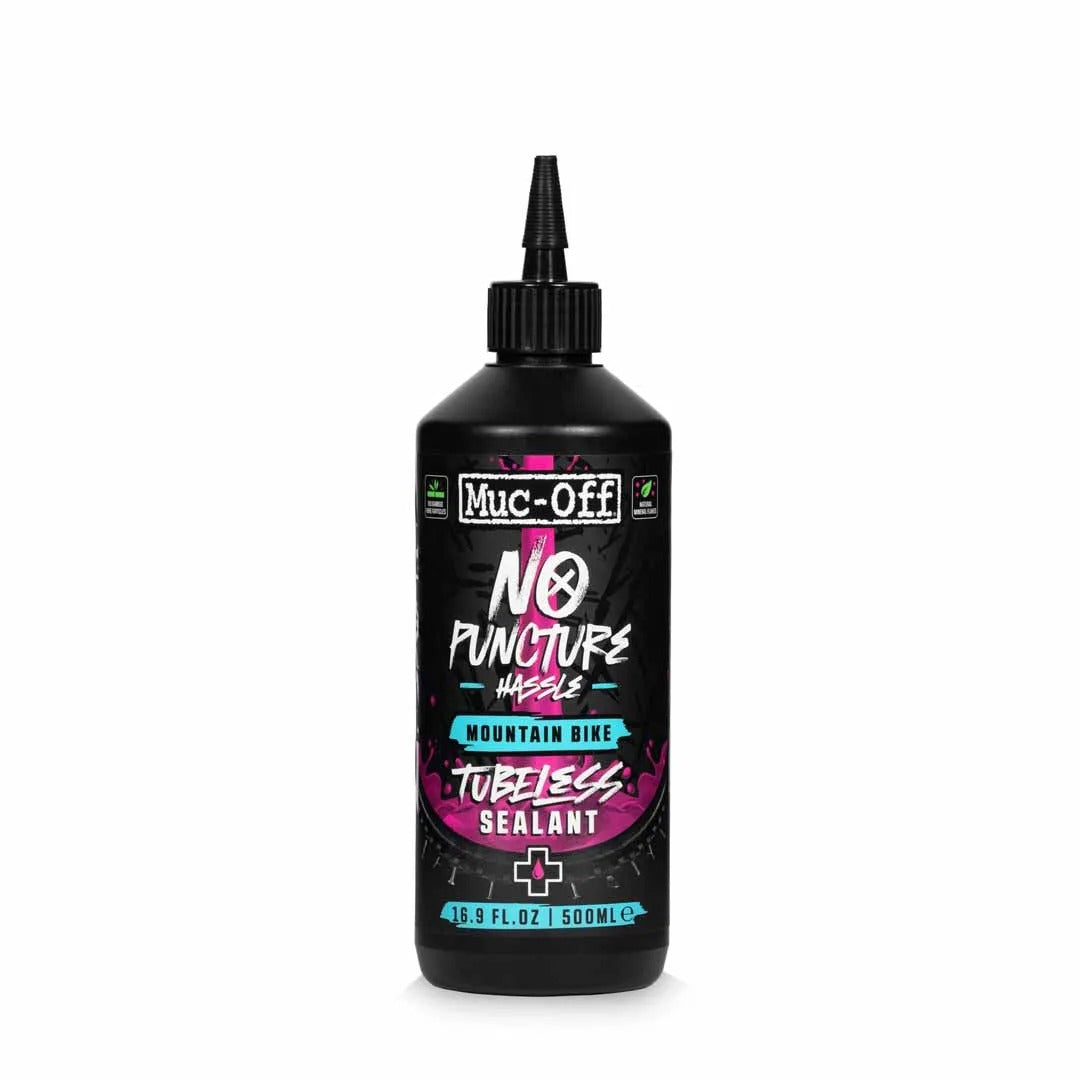 A black bottle of Muc-Off No Puncture Mountain Bike Sealant on a white background