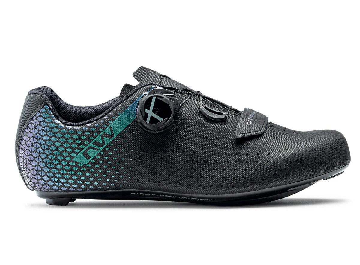 Black cycling shoe with teal reflective accents on a white background