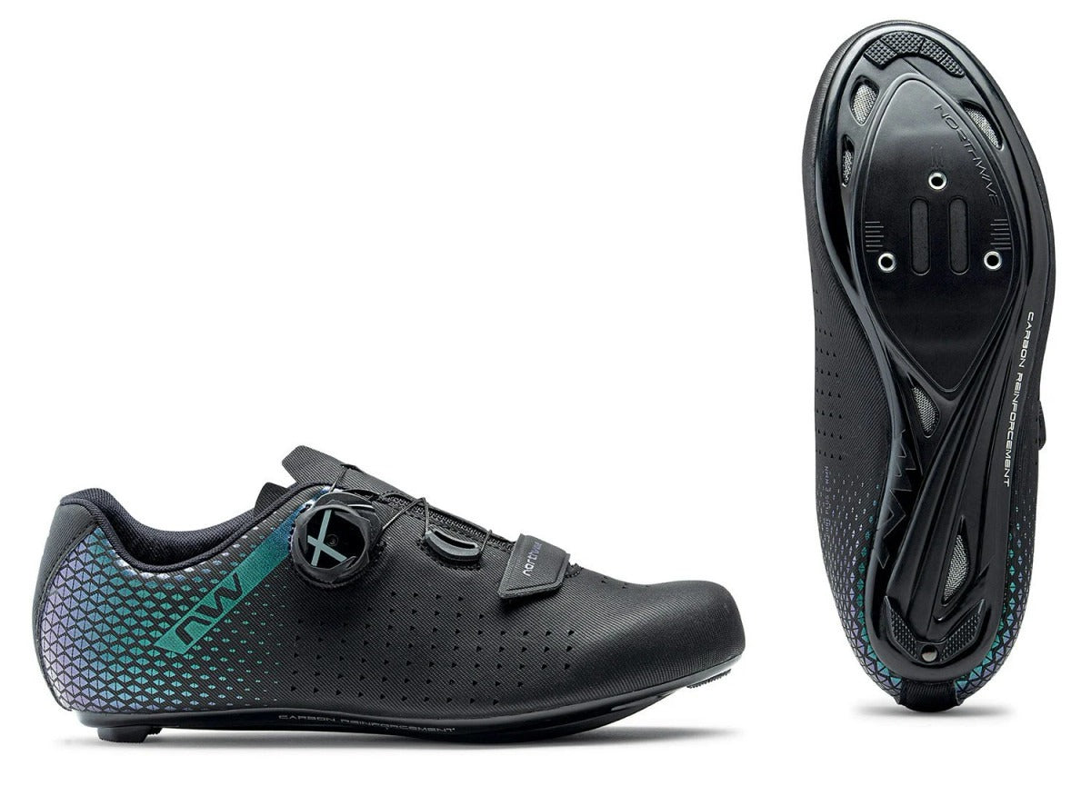 Black cycling shoes with teal reflective accents on a white background