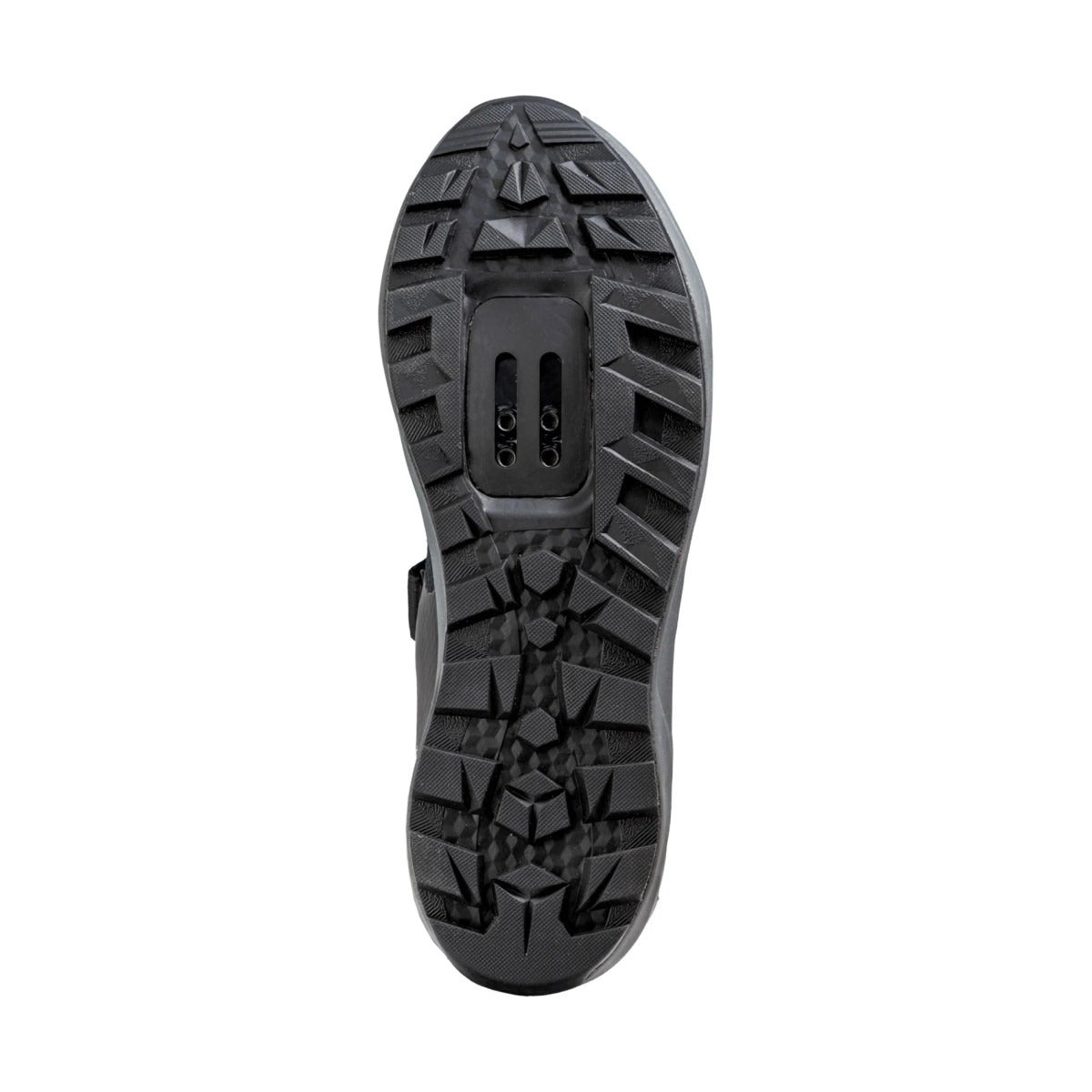 Black sole of a mountain bike shoe with tread pattern and cleat option on a white background