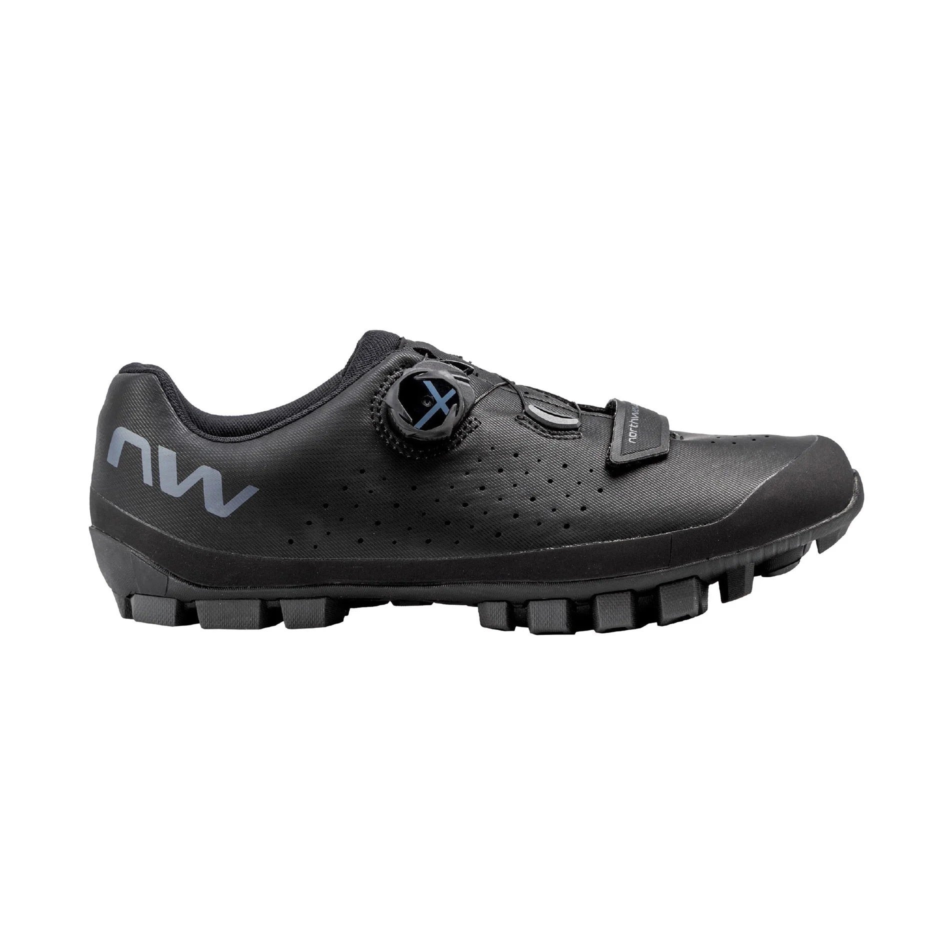 Black mountain bike shoe with NW logo on a white background
