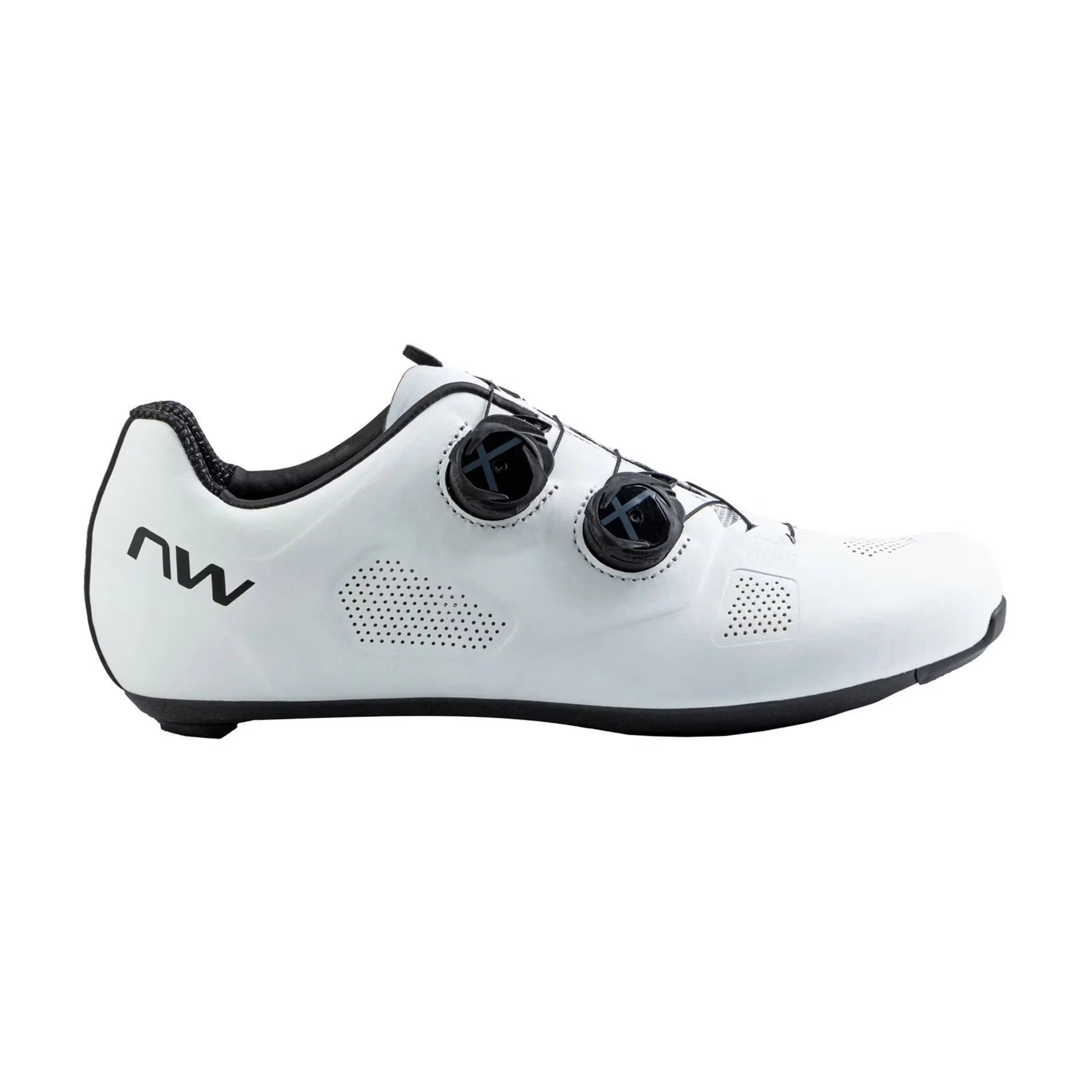 White cycling shoe with black accents on a white background