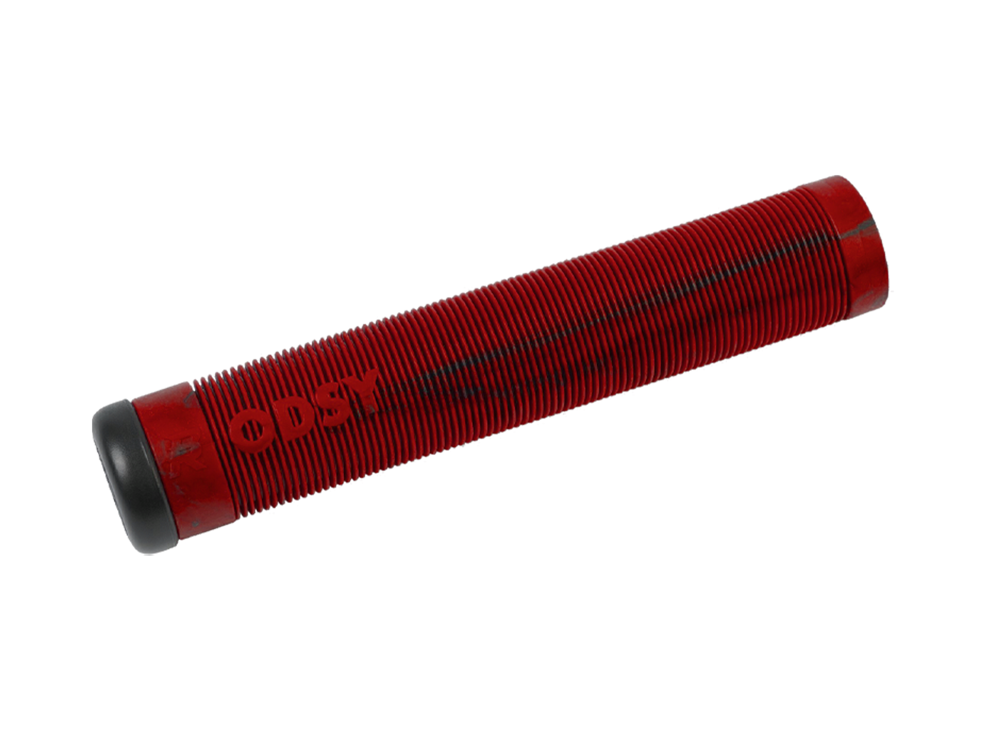 Odyssey red bicycle handlebar grip with black end cap on a white background