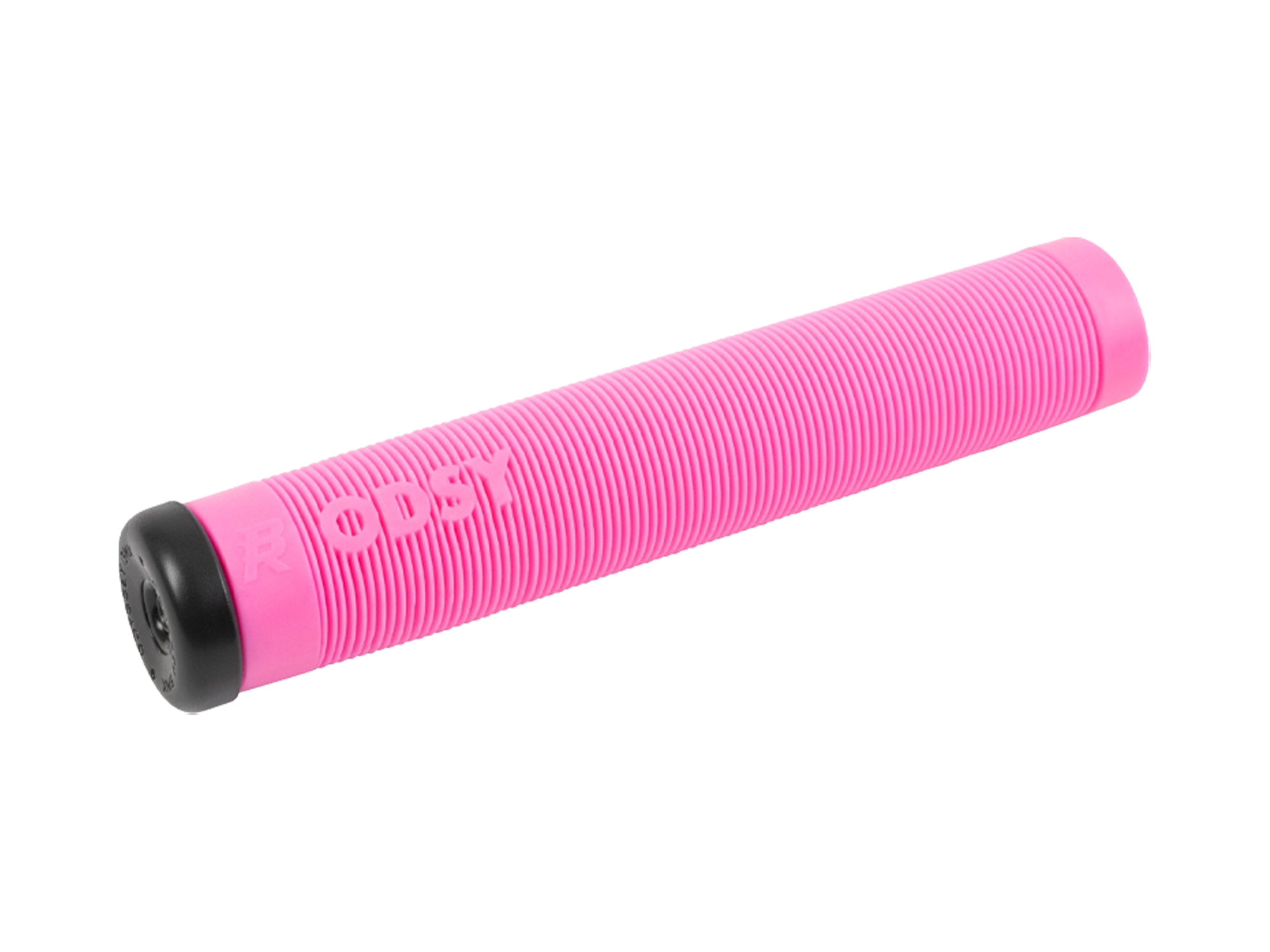 A bright pink ODYSSEY bicycle handlebar grip with a black end cap, shown on a plain white background.