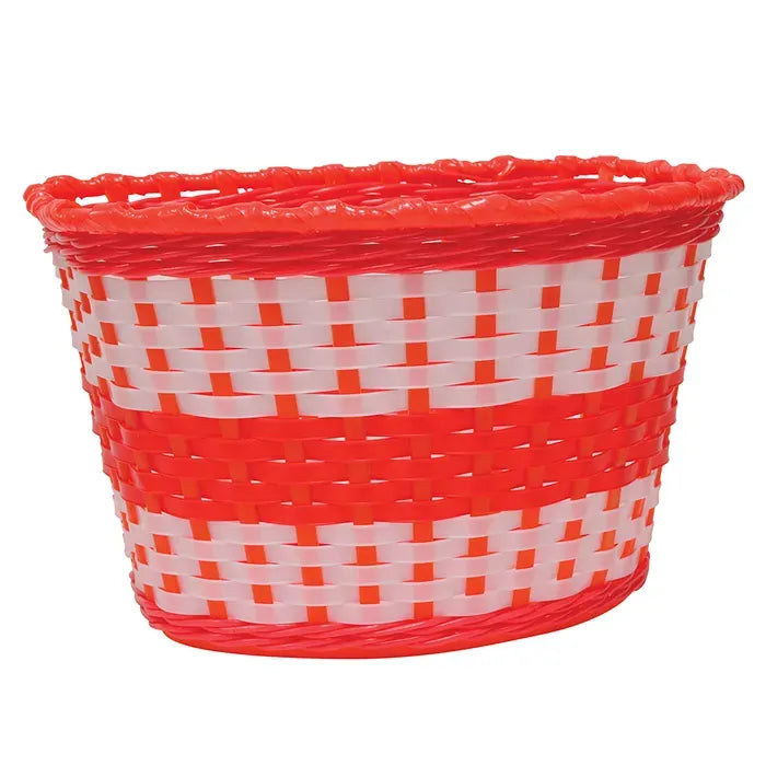 Red and white plastic weave basket on a white background