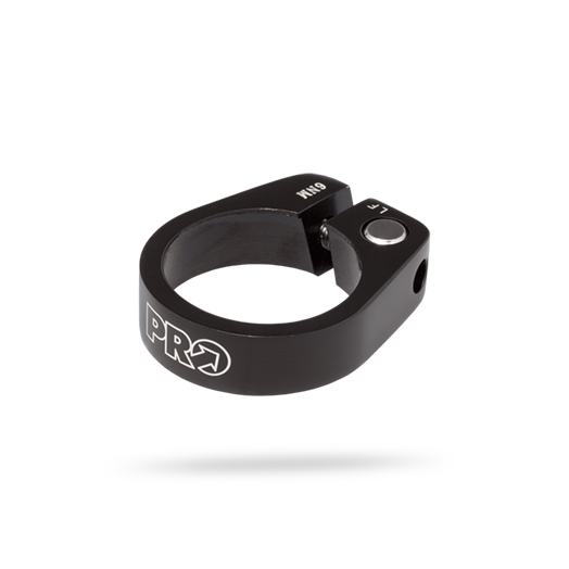 Black bike seat clamp with 'PRO' branding on a white background