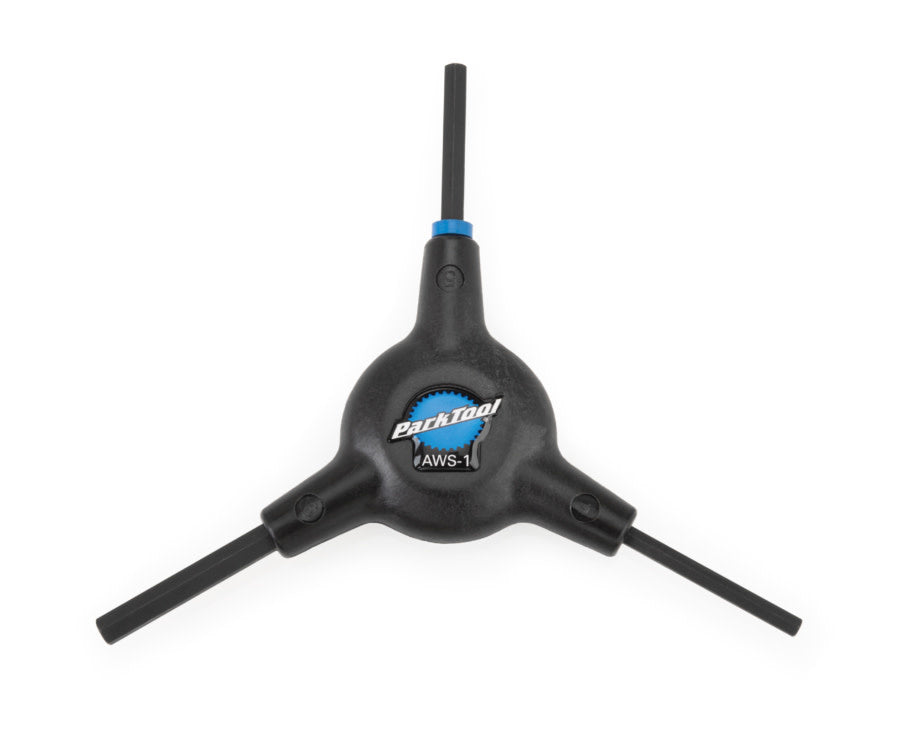 A black Park Tool three-way hex wrench, model AWS-1, with sizes 4mm, 5mm, and 6mm on a white background
