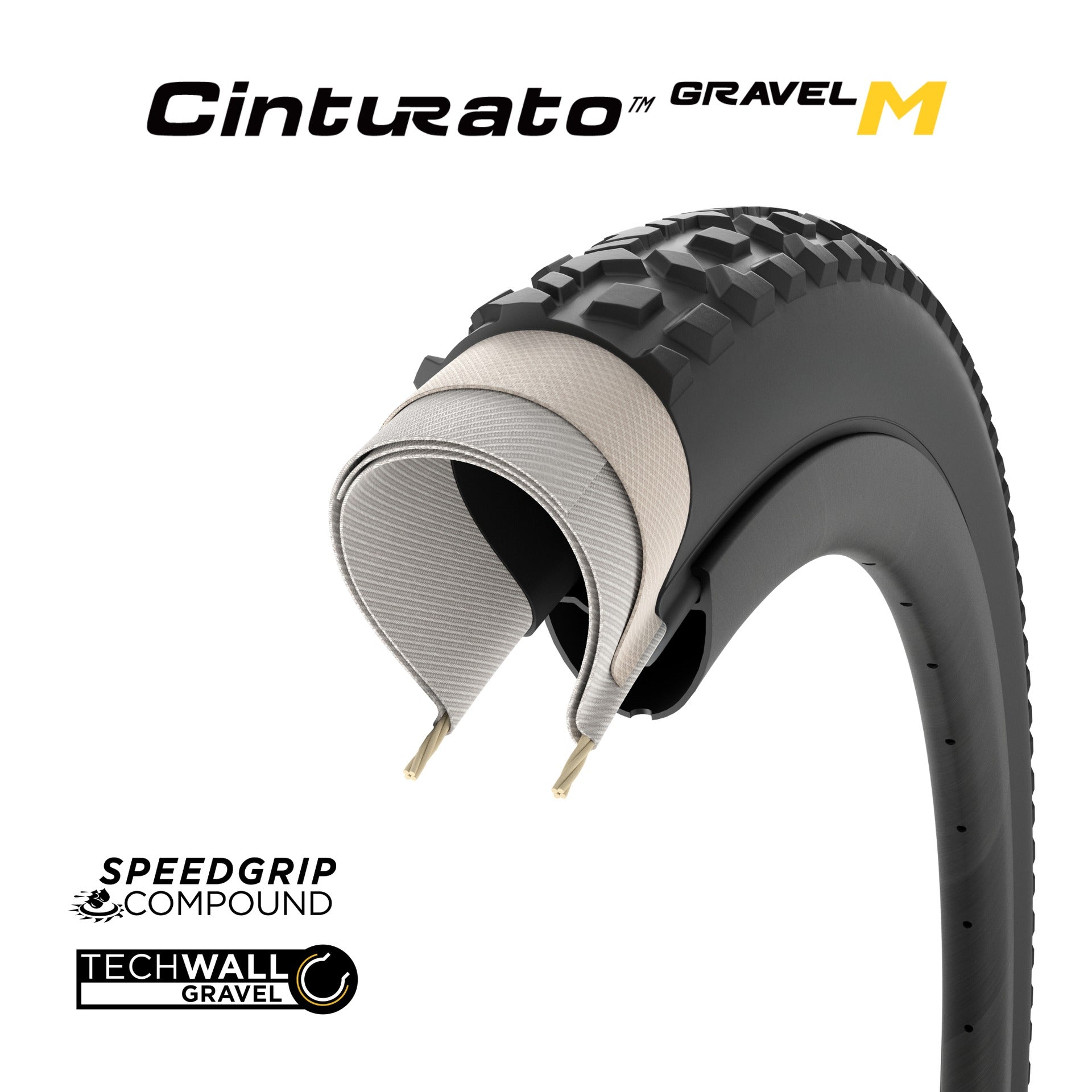Dissection of a Cinturato Gravel M tyre showing Speedgrip Compound and TechWall Gravel text on a white background