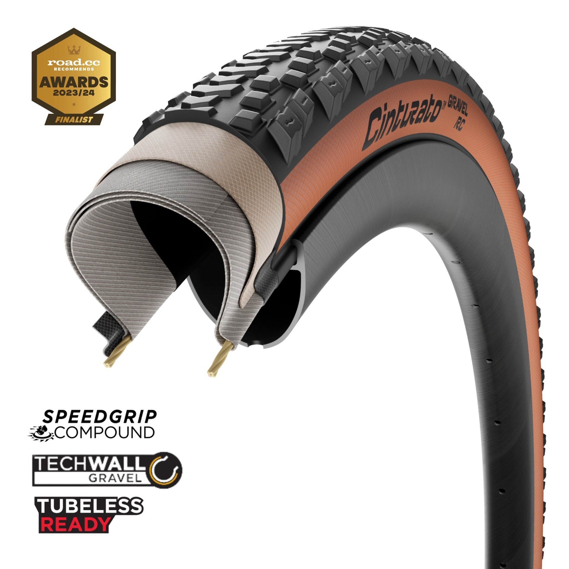 Cinturato gravel bike tyre with features highlighted on a white background