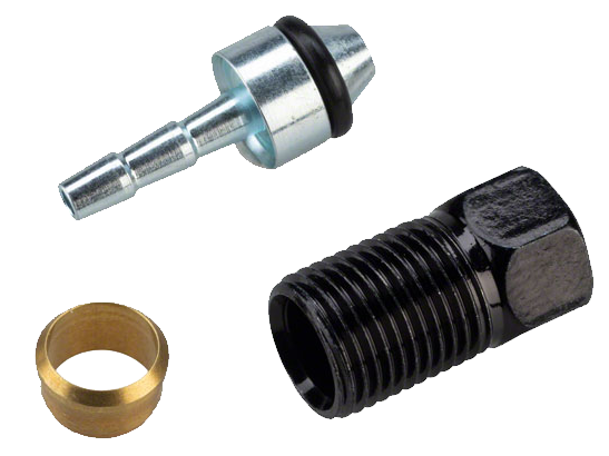Olive, barb and bolt for bicycle hydraulic disc brakes on a white background