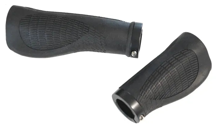 A pair of lock on black bicycle grips on a white background
