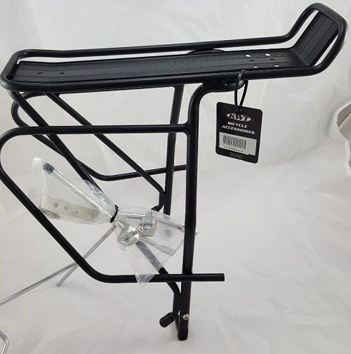 A black bicycle pannier rack on a light grey background