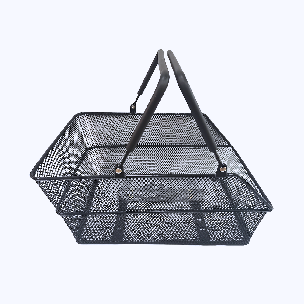 Black metal mesh rear bicycle basket with handles on a white background