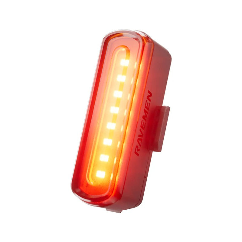 Red bicycle light with 'RAVEN' branding on a white background