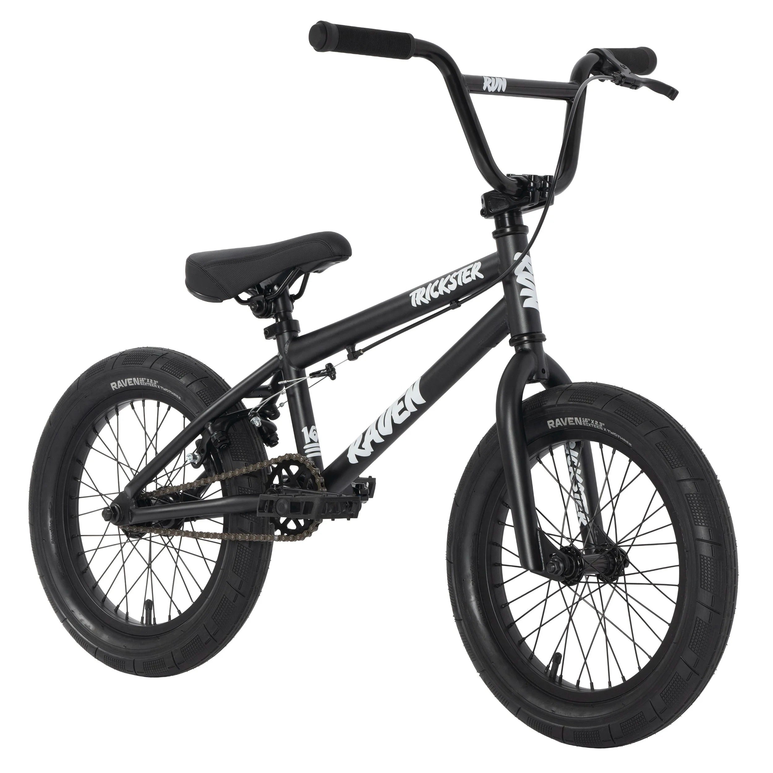 A black Raven Trickster BMX Bike on a white background