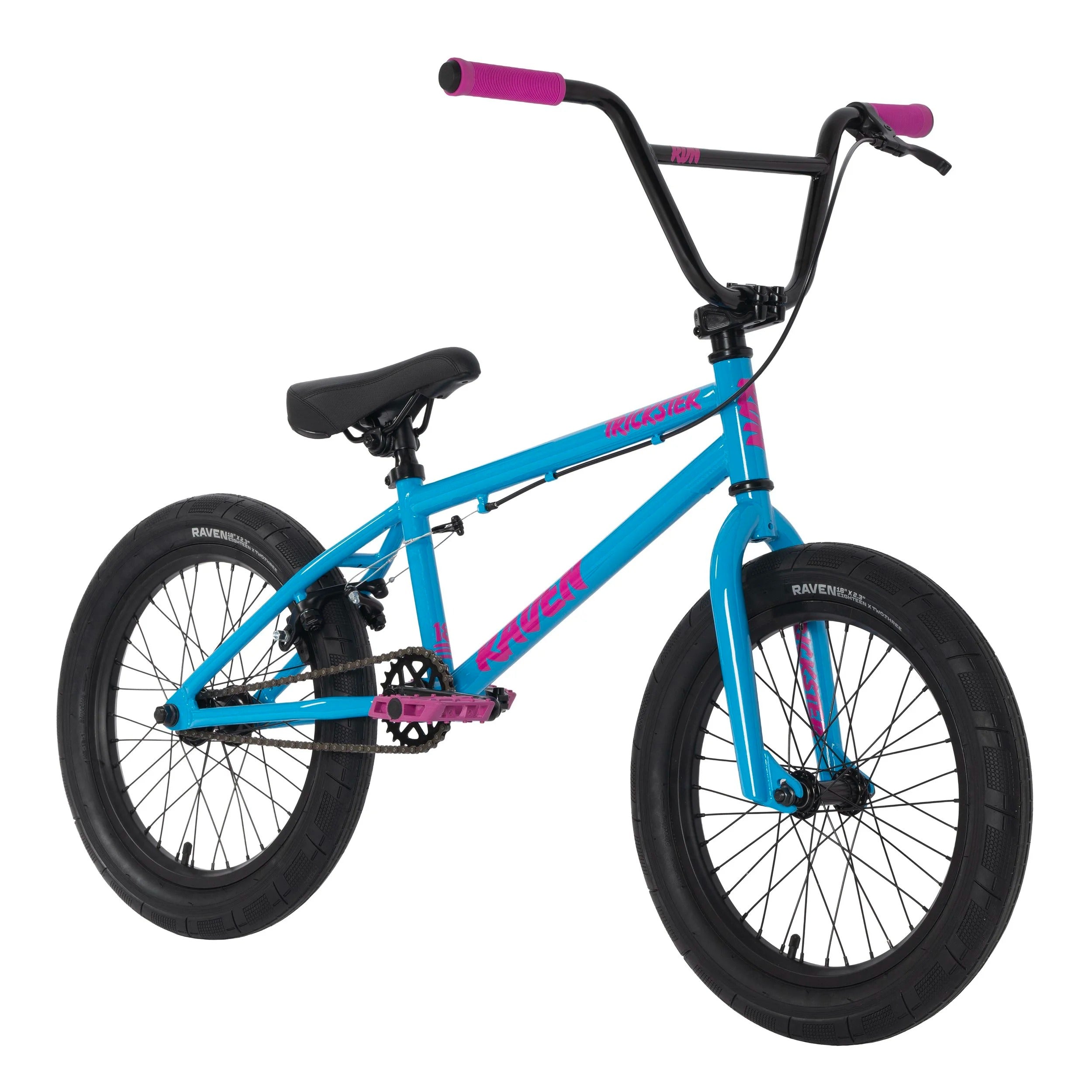 Blue and pink BMX bike on a white background