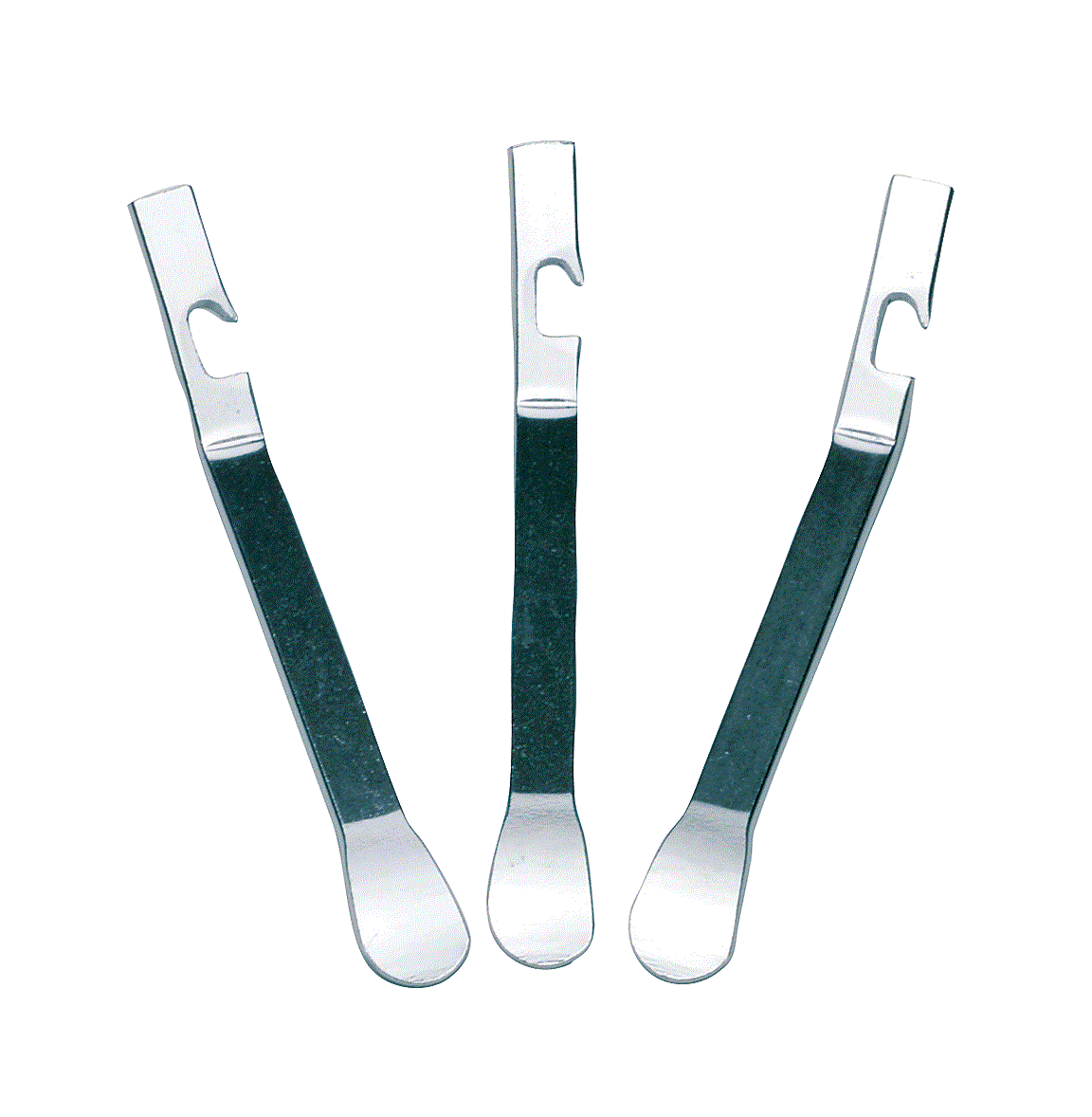 A set of steel bicycle tyre levers on a white background