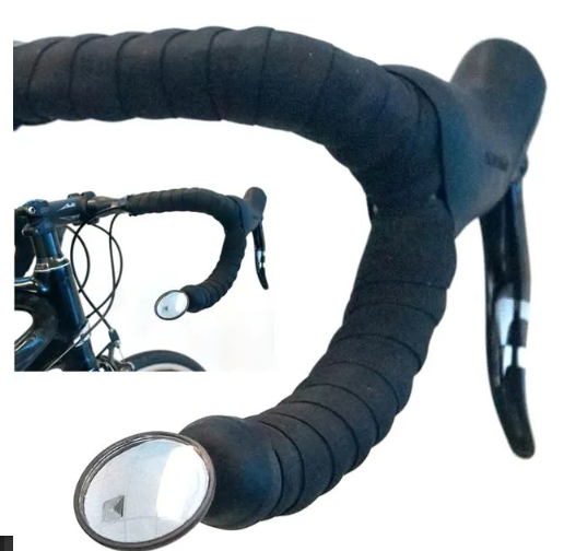 A black road bike drop bar mirror with a convex lens, shown mounted on a bicycle handlebar.