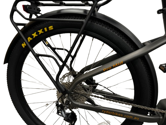 A picture of the back wheel of the Ryder Pro Electric Bike