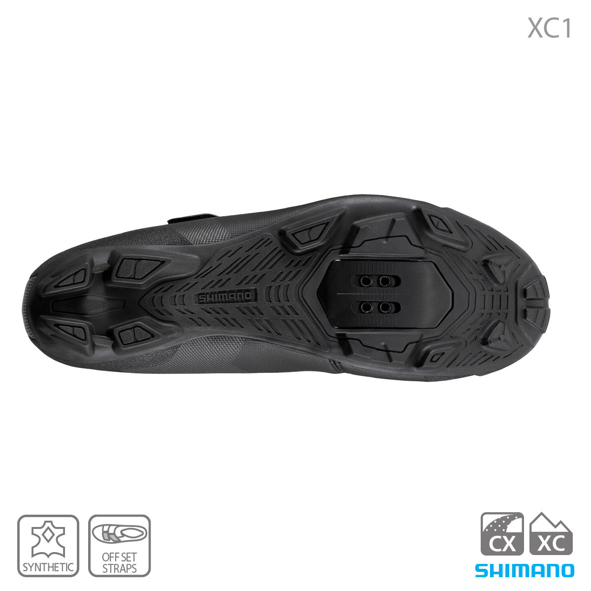 A picture of the bottom of the Shimano SH-XC100 Shoe