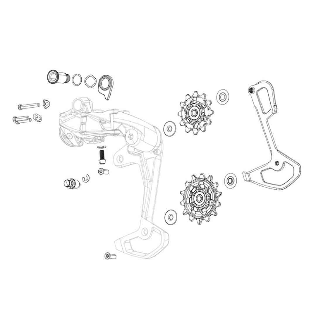 A diagram of a pulley set and how to fit it to the derailleur