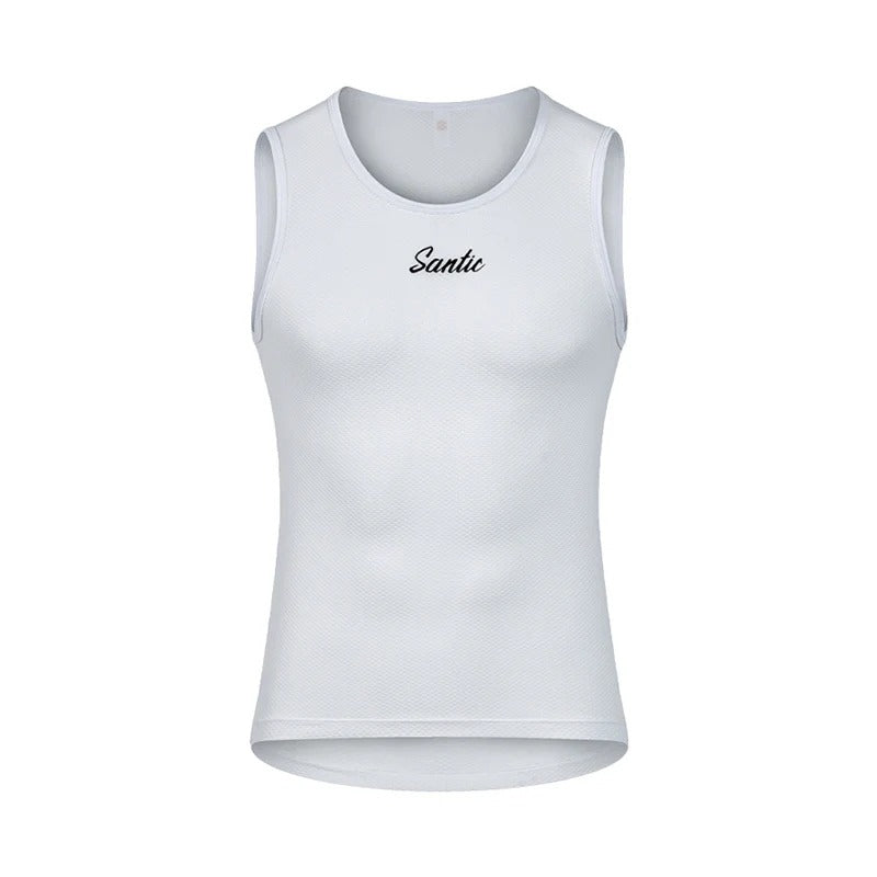White sleeveless shirt with 'Sanlic' branding on a white background