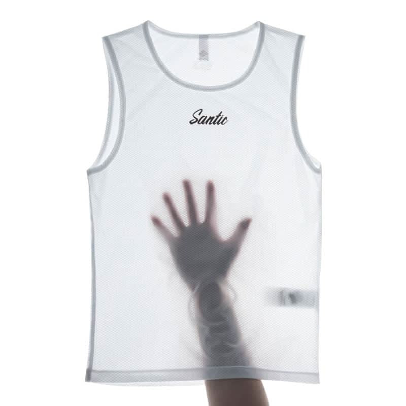 White sleeveless shirt with 'Santic' branding with a hand in the fabric showing how lightweight and transparent the fabric is on a white background