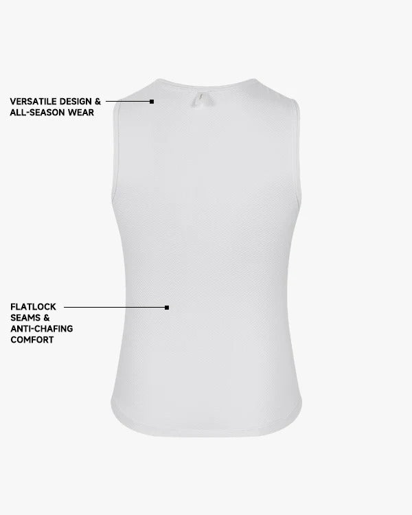 White sleeveless vest with text highlighting features on a white background