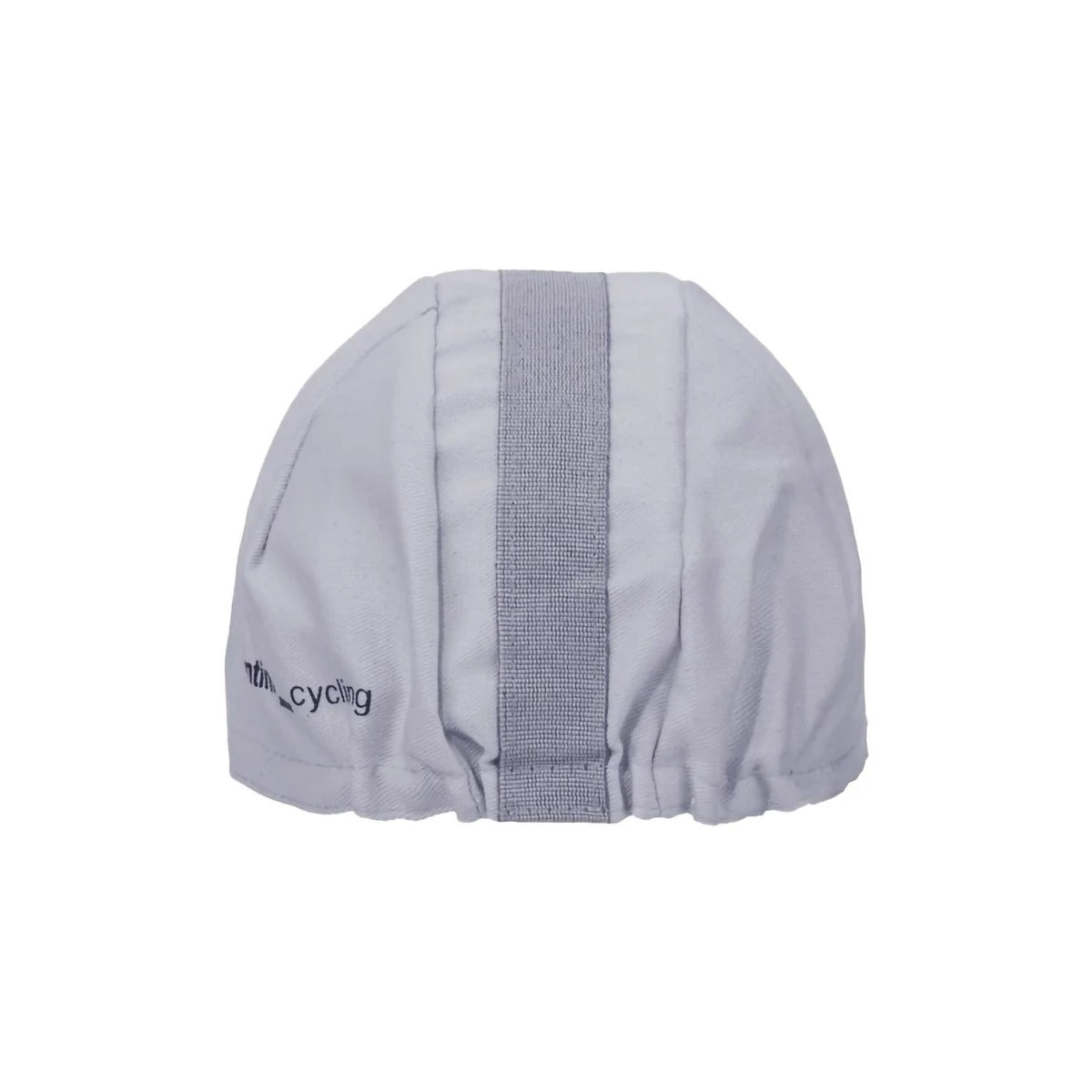 A back view of a grey cycling cap with a darker grey strip across the top on a white background