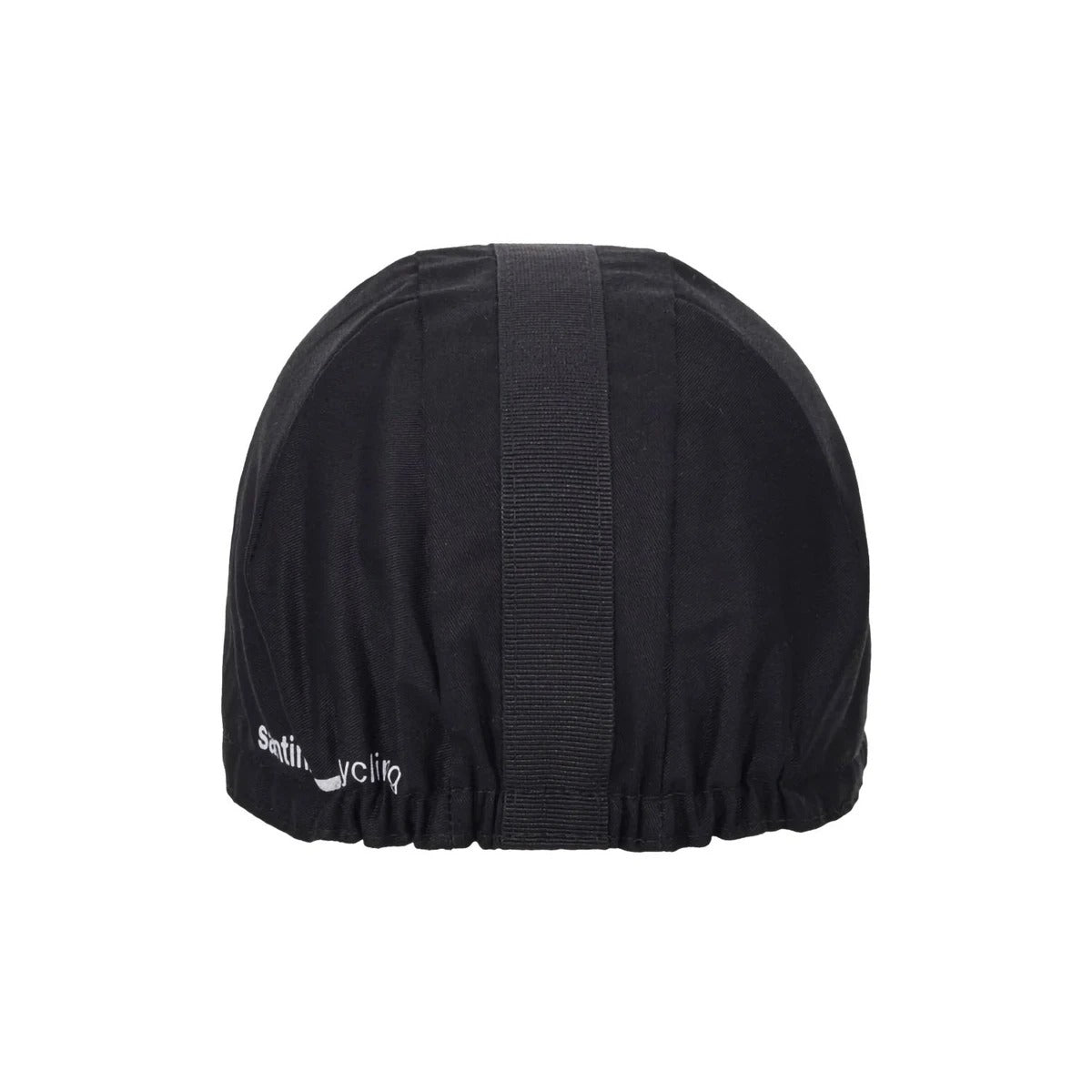 A back view of a black cycling cap with a textured black strip across the top on a white background