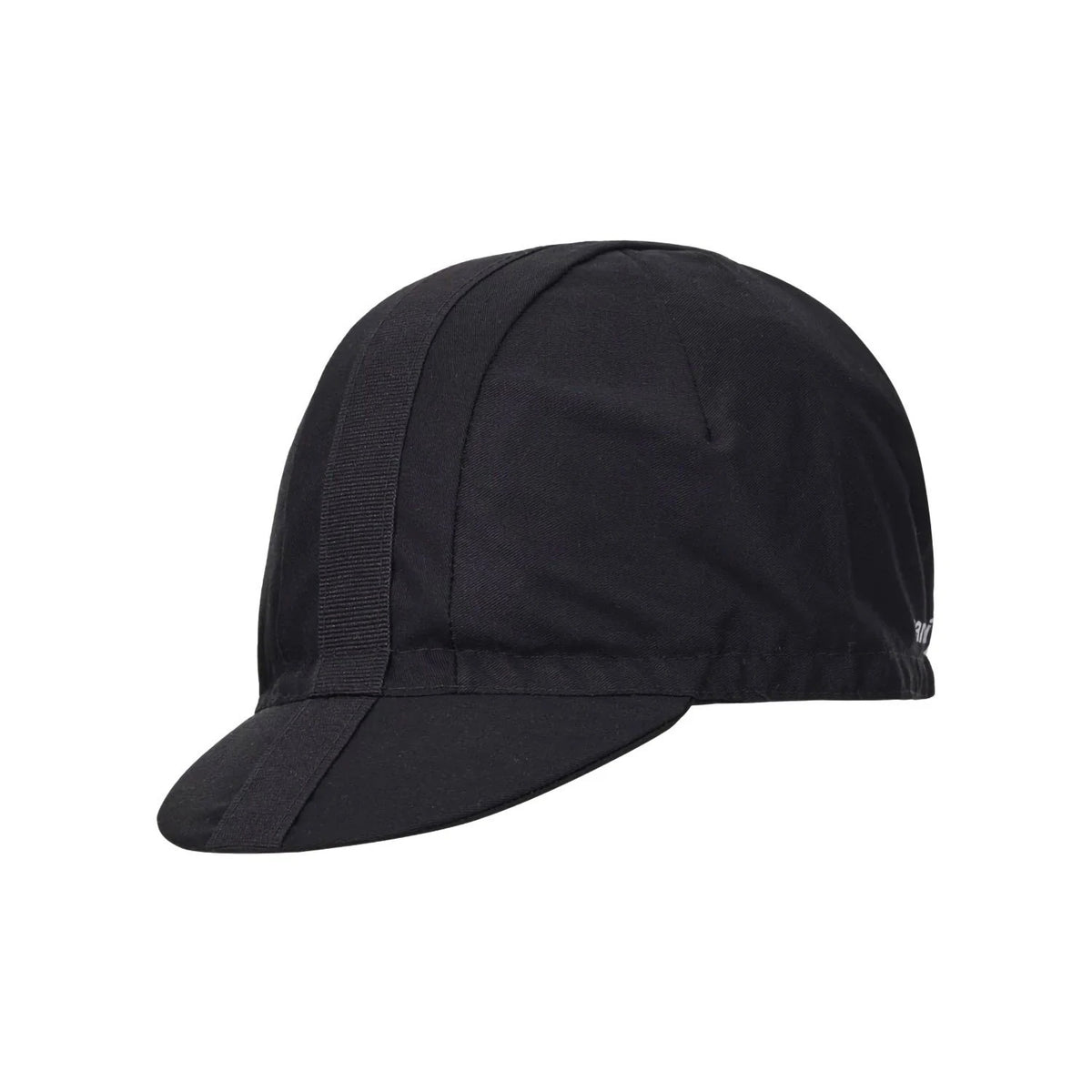 A side view of a black cycling cap with a textured black strip across the top on a white background