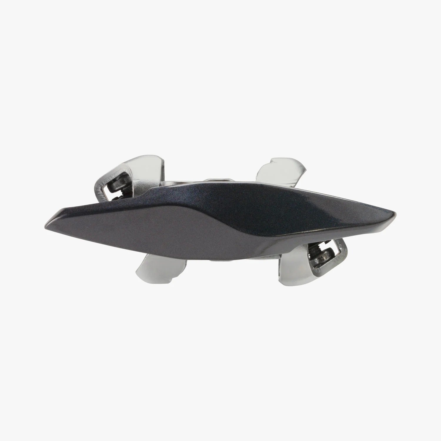 A side view of clip in mountain bike pedals on a white background