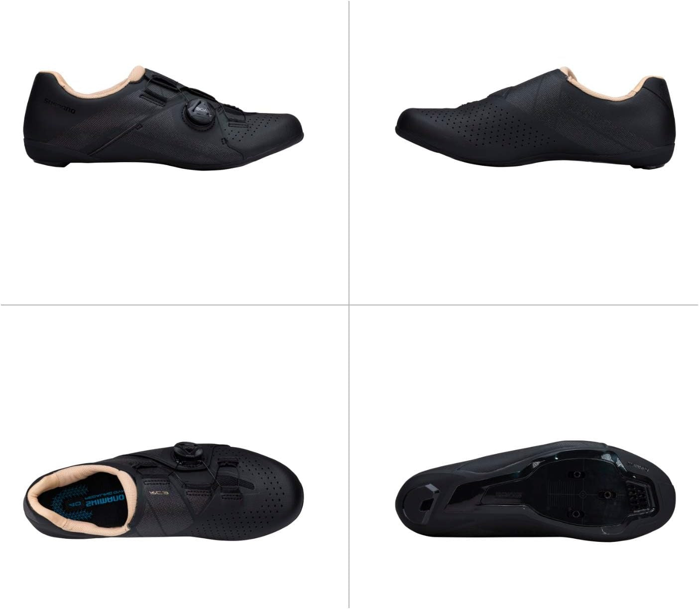 Black Shimano cycling shoes shown from multiple angles on a white background
