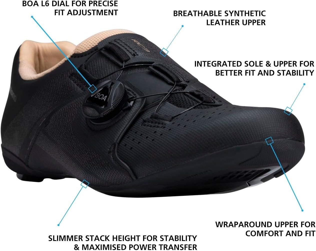 Black cycling shoe with feature labels on a white background