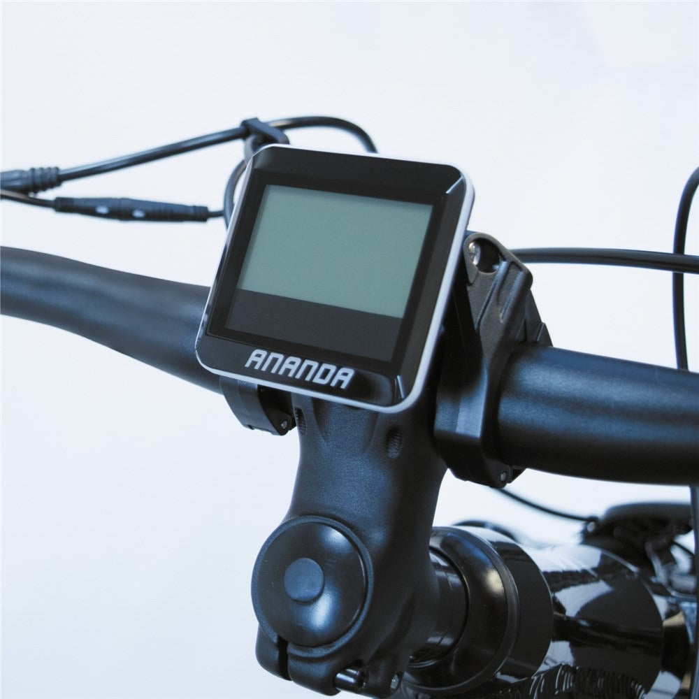 Bicycle handlebar with an Ananda digital display on a white background